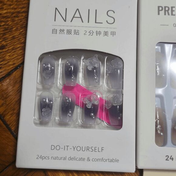 5x Pack of Medium Coffin Press on Nails Butterfly and Pearl Design - Picture 2 of 6